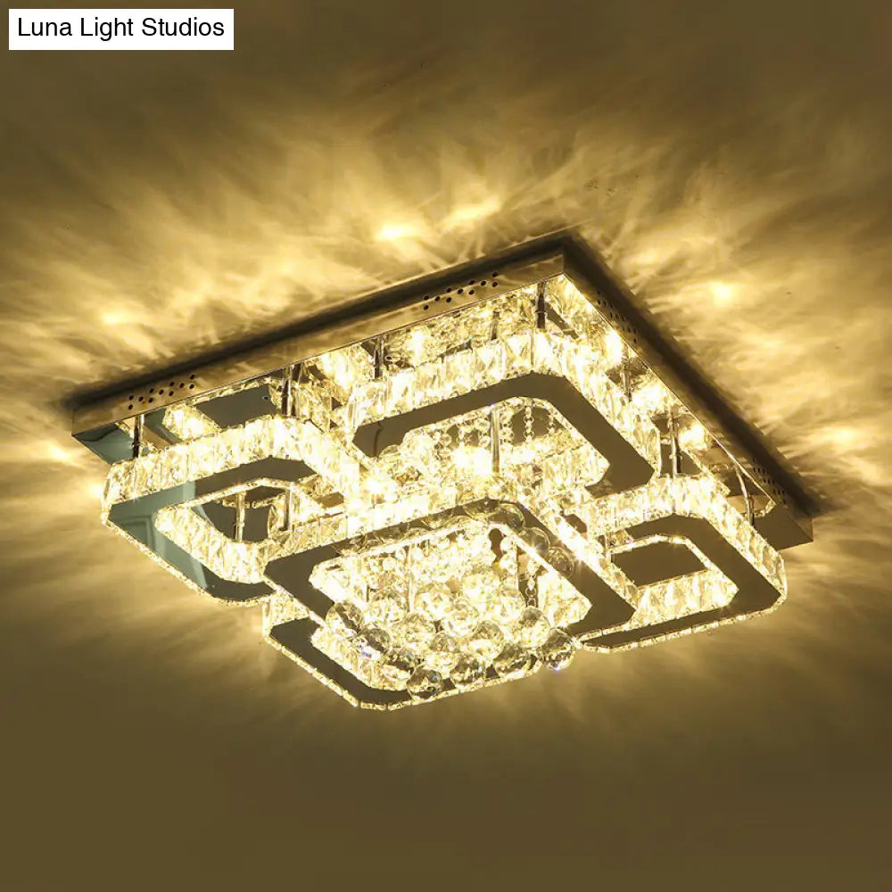 Modern Crystal Chrome Rectangle Flush Mount Lamp For Living Room Ceiling / 21.5