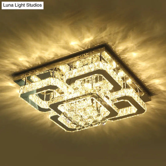 Modern Crystal Chrome Rectangle Flush Mount Lamp For Living Room Ceiling / 21.5