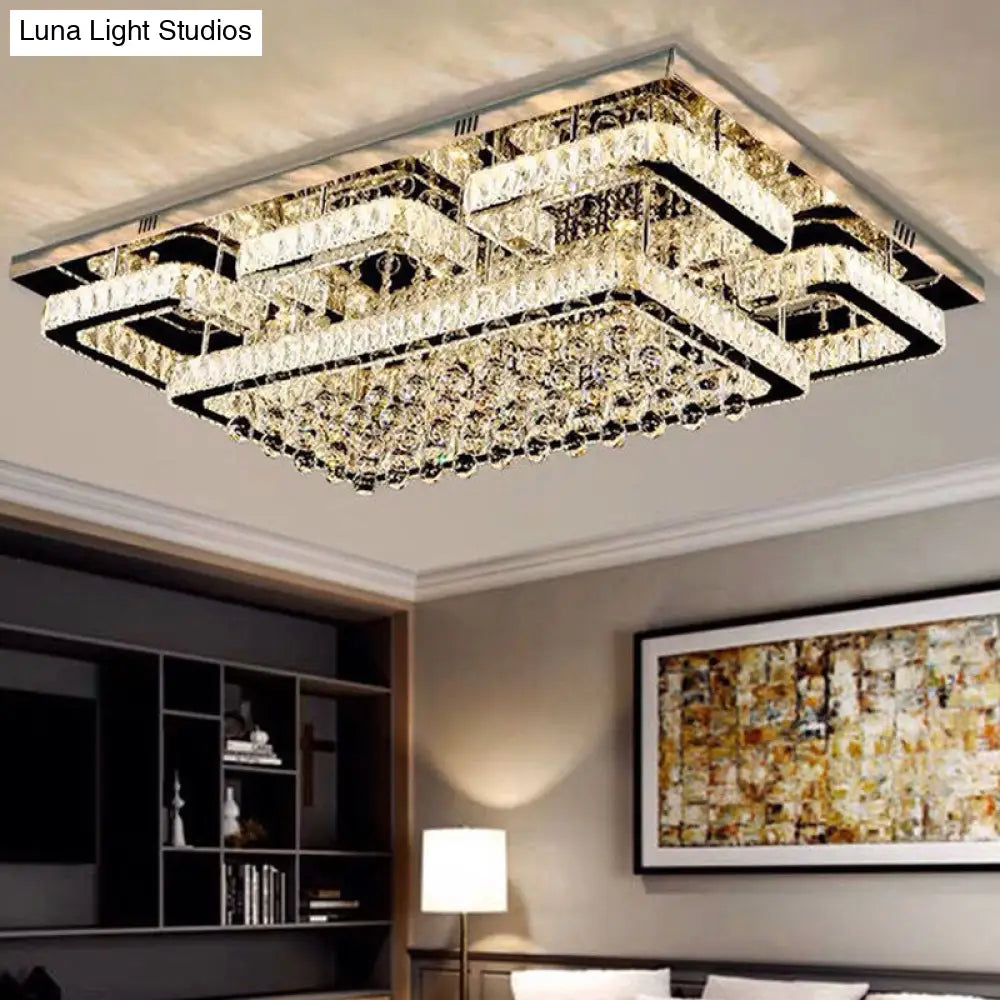 Modern Crystal Chrome Rectangle Flush Mount Lamp For Living Room Ceiling