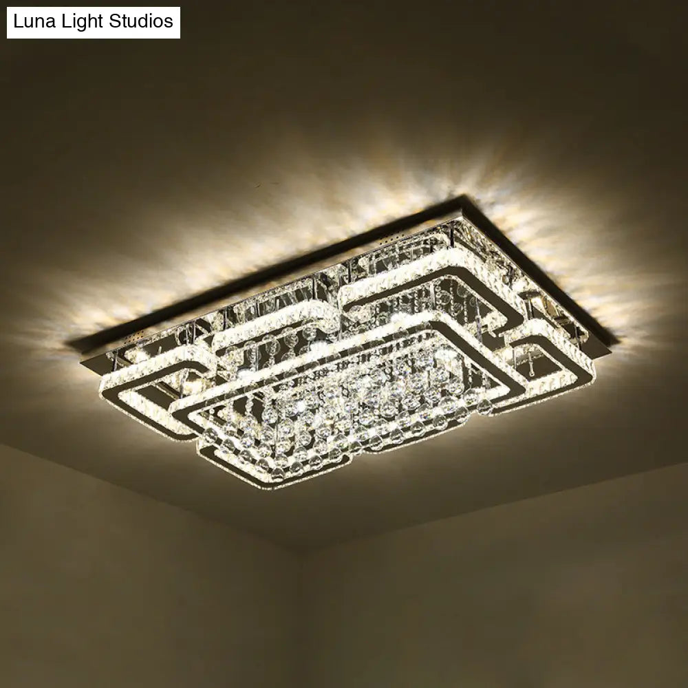 Modern Crystal Chrome Rectangle Flush Mount Lamp For Living Room Ceiling