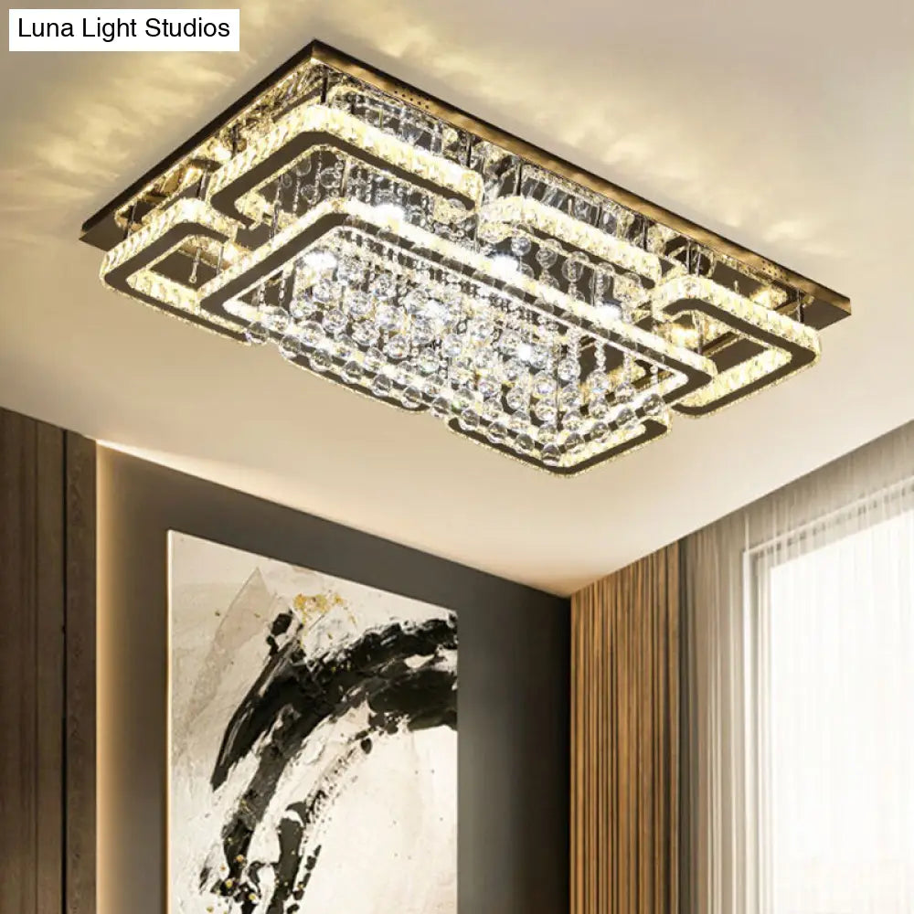 Modern Crystal Chrome Rectangle Flush Mount Lamp For Living Room Ceiling