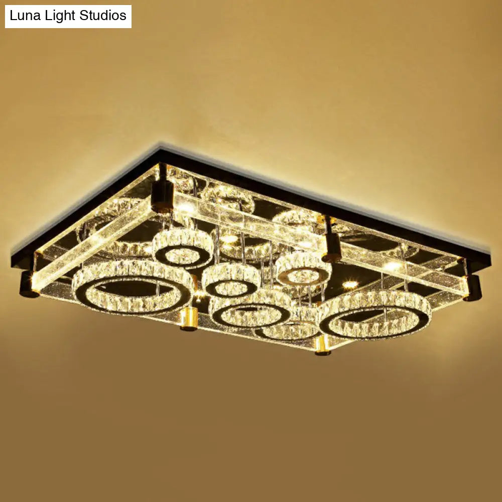 Modern Crystal Circle Led Flushmount Light For Ceiling - Clear Rectangular Design / 31.5