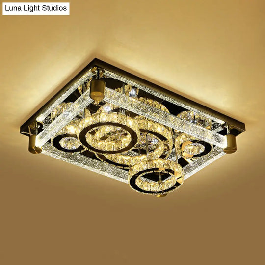 Modern Crystal Circle Led Flushmount Light For Ceiling - Clear Rectangular Design / 23.5