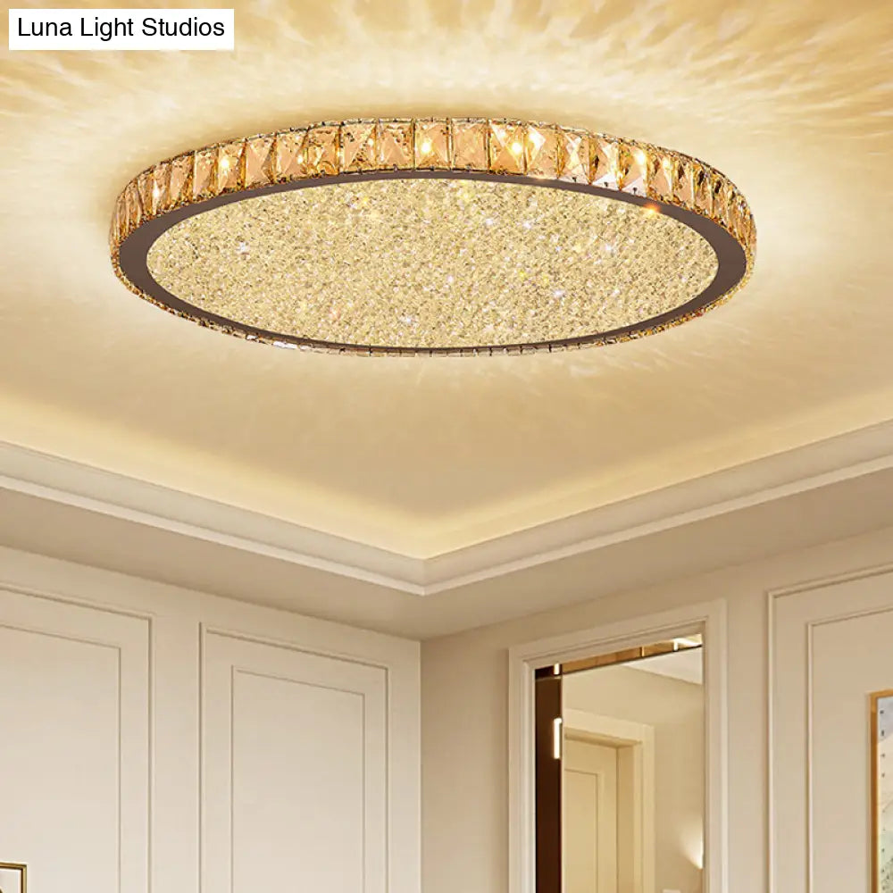 Modern Crystal Circular Flush Mount Light - 1-Light Clear/Amber Led Ceiling Fixture In Warm/White