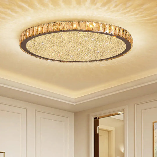 Modern Crystal Circular Flush Mount Light - 1-Light Clear/Amber Led Ceiling Fixture In Warm/White