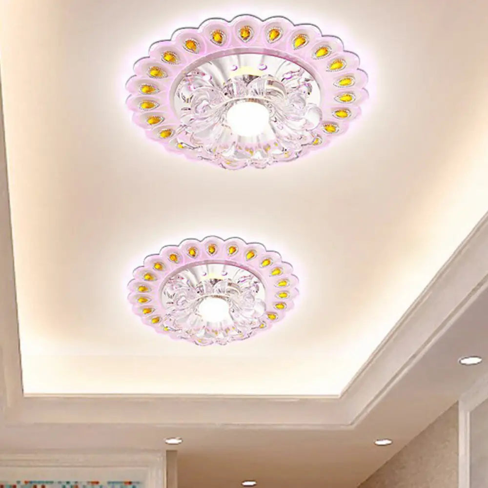 Modern Crystal Clear Led Flush Ceiling Light Fixture - Flower Shaped For Entryway / 3W Purple