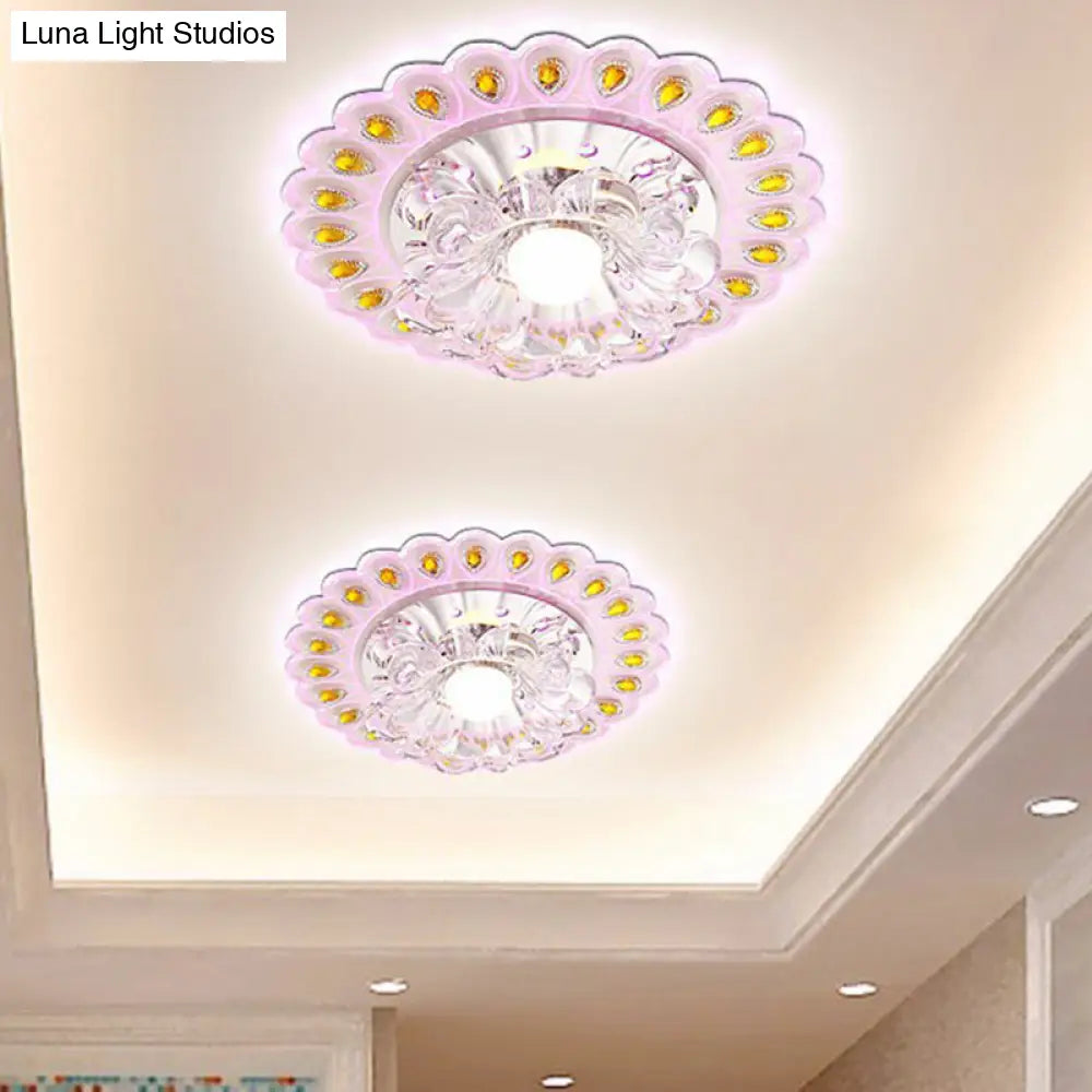 Modern Crystal Clear Led Flush Ceiling Light Fixture - Flower Shaped For Entryway / 3W Purple