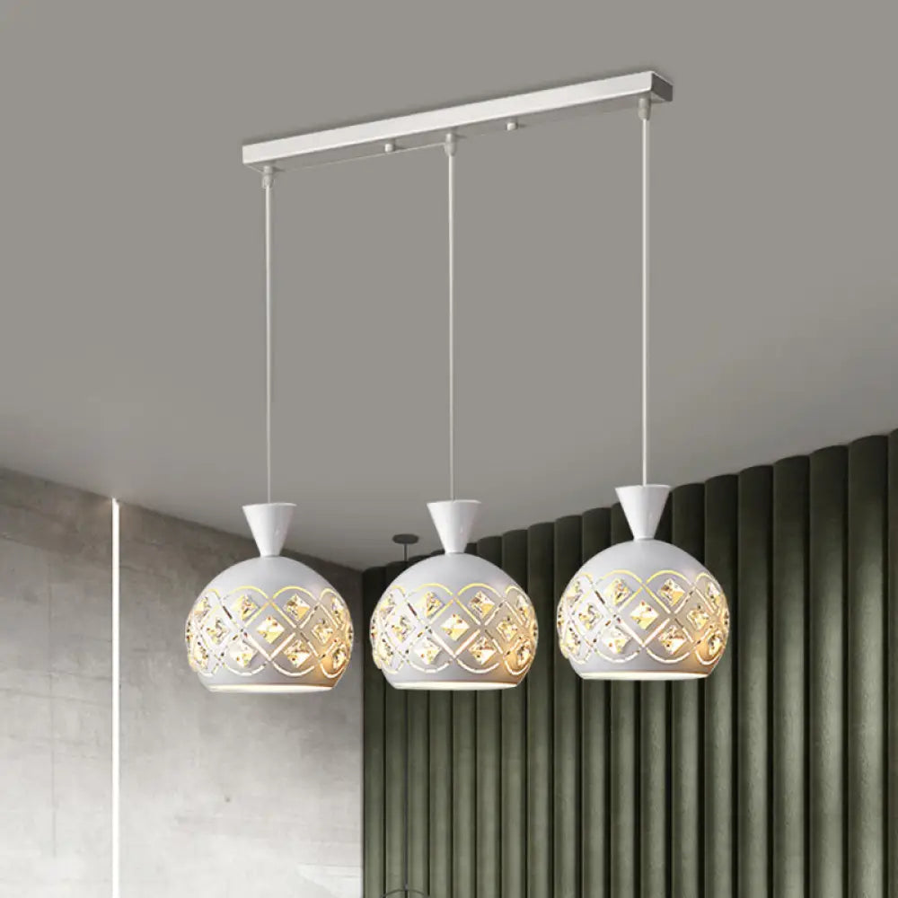 Modern Crystal Cluster Pendant Light With 3 Iron Domed Shades In White