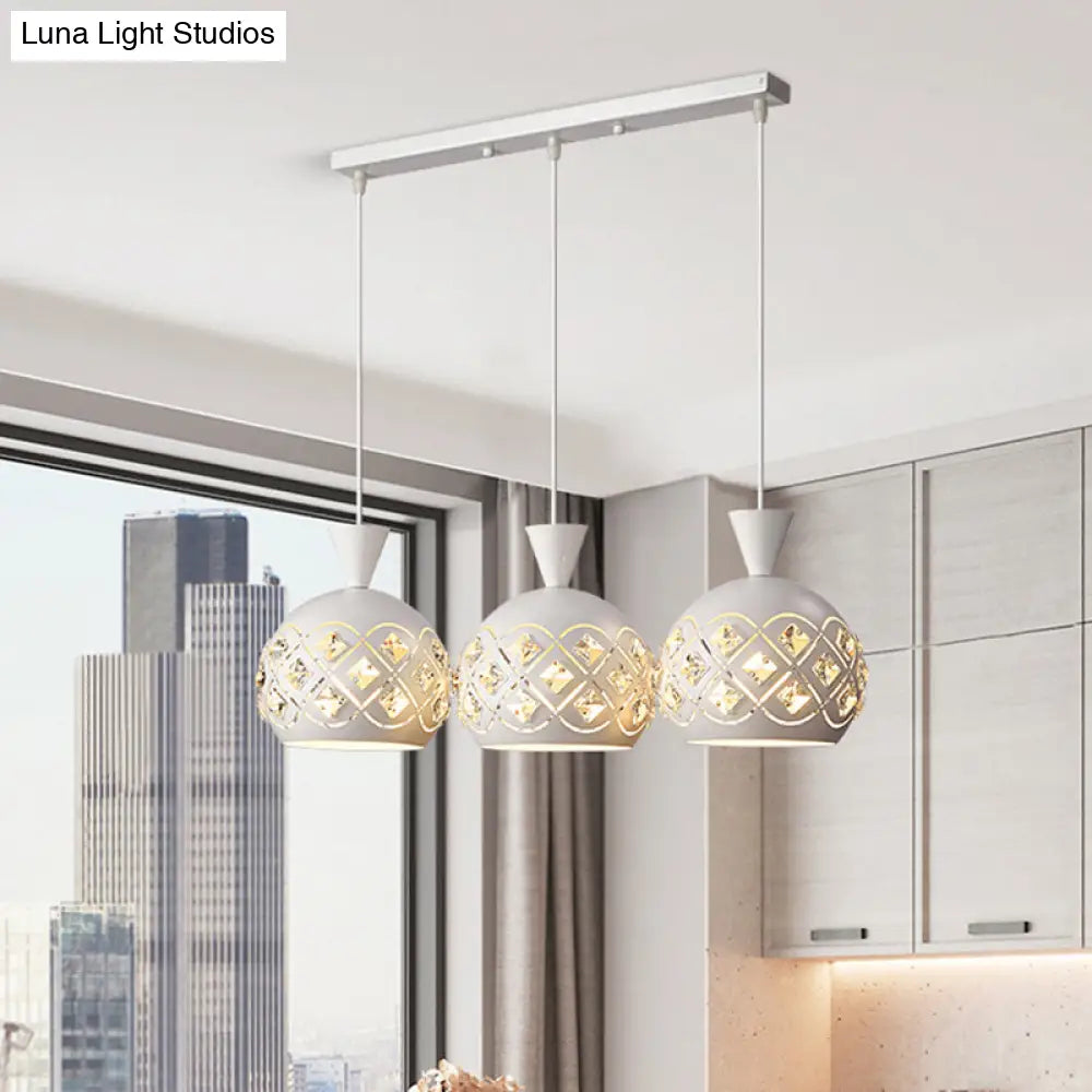 Modern Crystal Cluster Pendant Light With 3 Iron Domed Shades In White