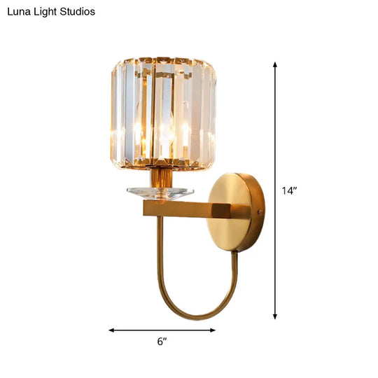 Modern Crystal Column Sconce Wall Light In Gold With Gooseneck Arm - 1 Bulb Fixture For Living Room