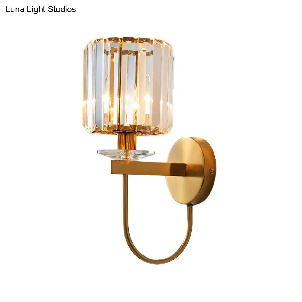 Modern Crystal Column Sconce Wall Light In Gold With Gooseneck Arm - 1 Bulb Fixture For Living Room