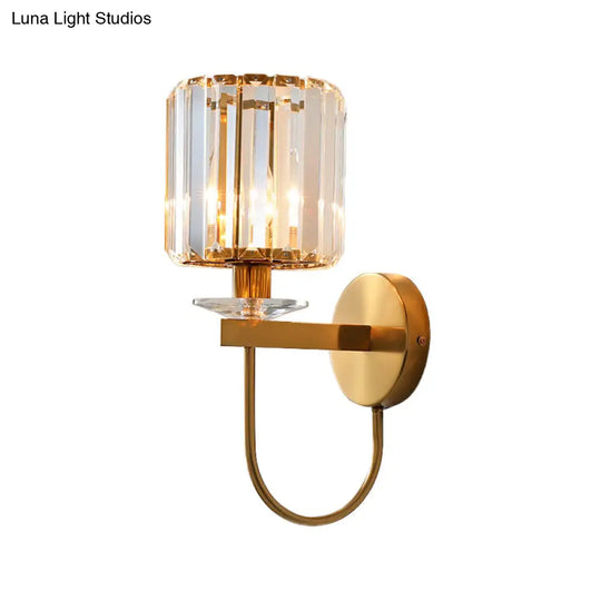 Modern Crystal Column Sconce Wall Light In Gold With Gooseneck Arm - 1 Bulb Fixture For Living Room