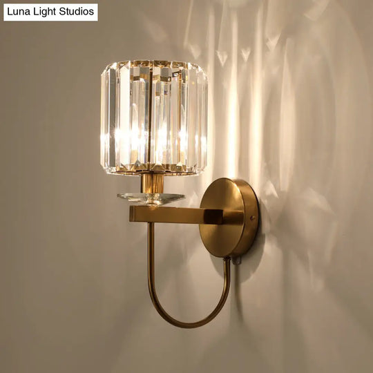 Modern Crystal Column Sconce Wall Light In Gold With Gooseneck Arm - 1 Bulb Fixture For Living Room