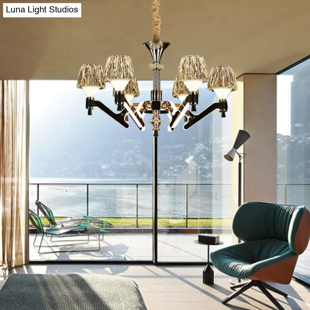 Modern Crystal Cone Chandelier - 6-Light Chrome Pendant Ceiling Light For Living Room