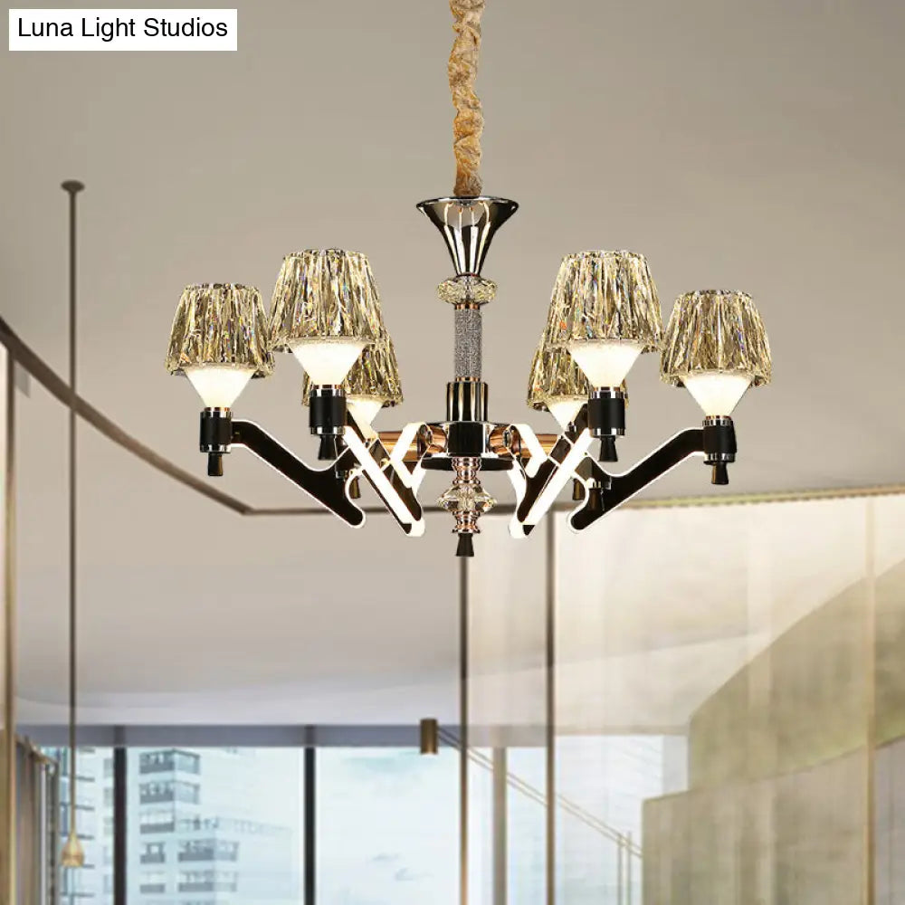 Modern Crystal Cone Chandelier - 6-Light Chrome Pendant Ceiling Light For Living Room