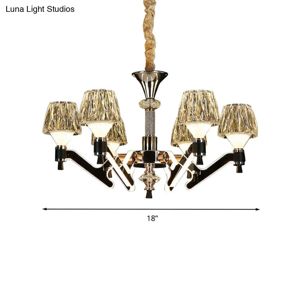 Modern Crystal Cone Chandelier - 6-Light Chrome Pendant Ceiling Light For Living Room