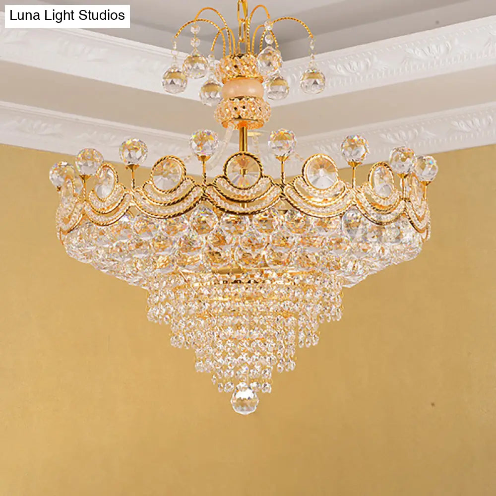 Modern Crystal Cone Chandelier Light - 10-Light Gold Ceiling Fixture For Dining Room