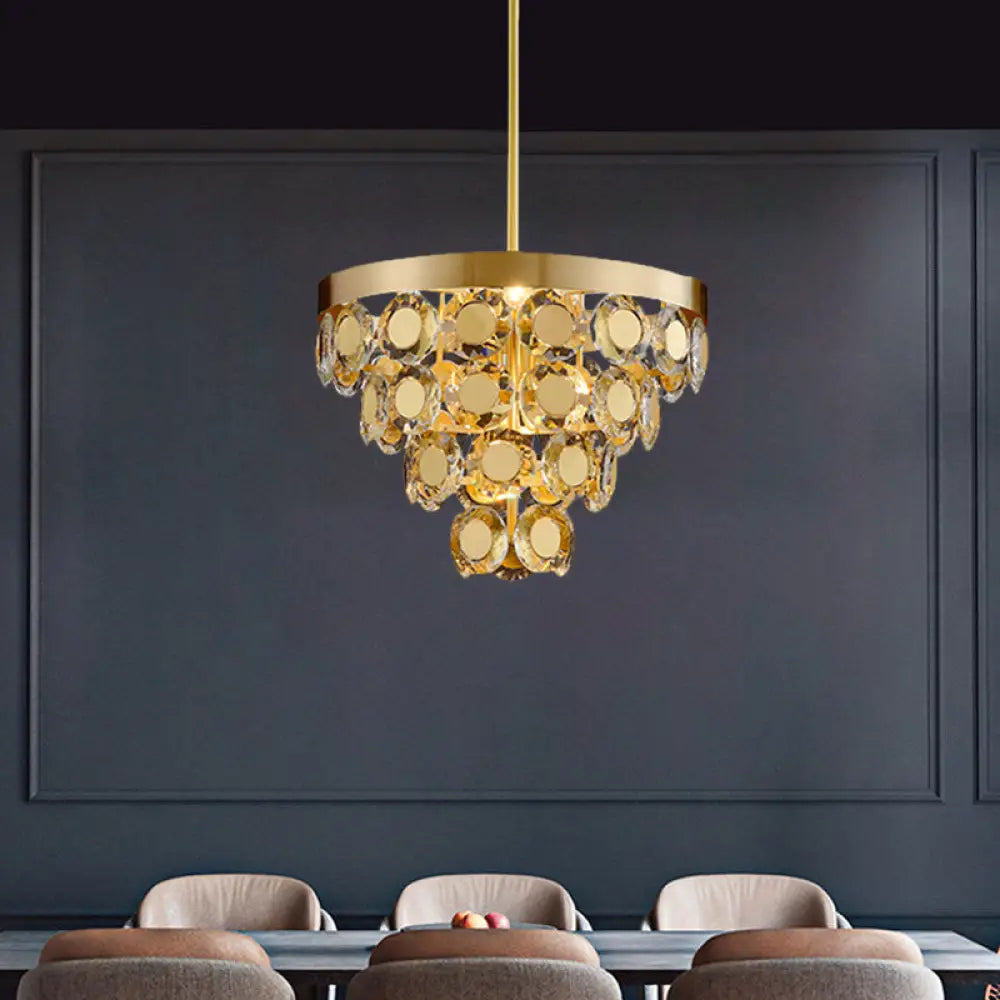 Modern Crystal Cone Chandelier Pendant Light With 5 Bulbs - Brass Finish Perfect For Restaurants