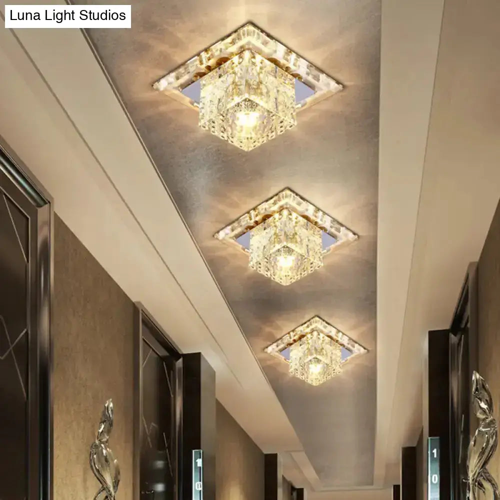 Modern Crystal Cube Ceiling Light: Led Flush Mount Fixture In Chrome