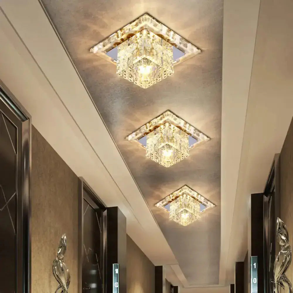 Modern Crystal Cube Ceiling Light: Led Flush Mount Fixture In Chrome / Warm