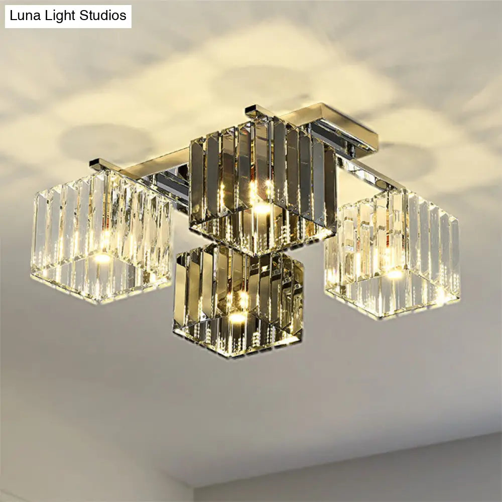 Modern Crystal Cube Flush Ceiling Lamp | Polished Chrome 4/6/9 Lights