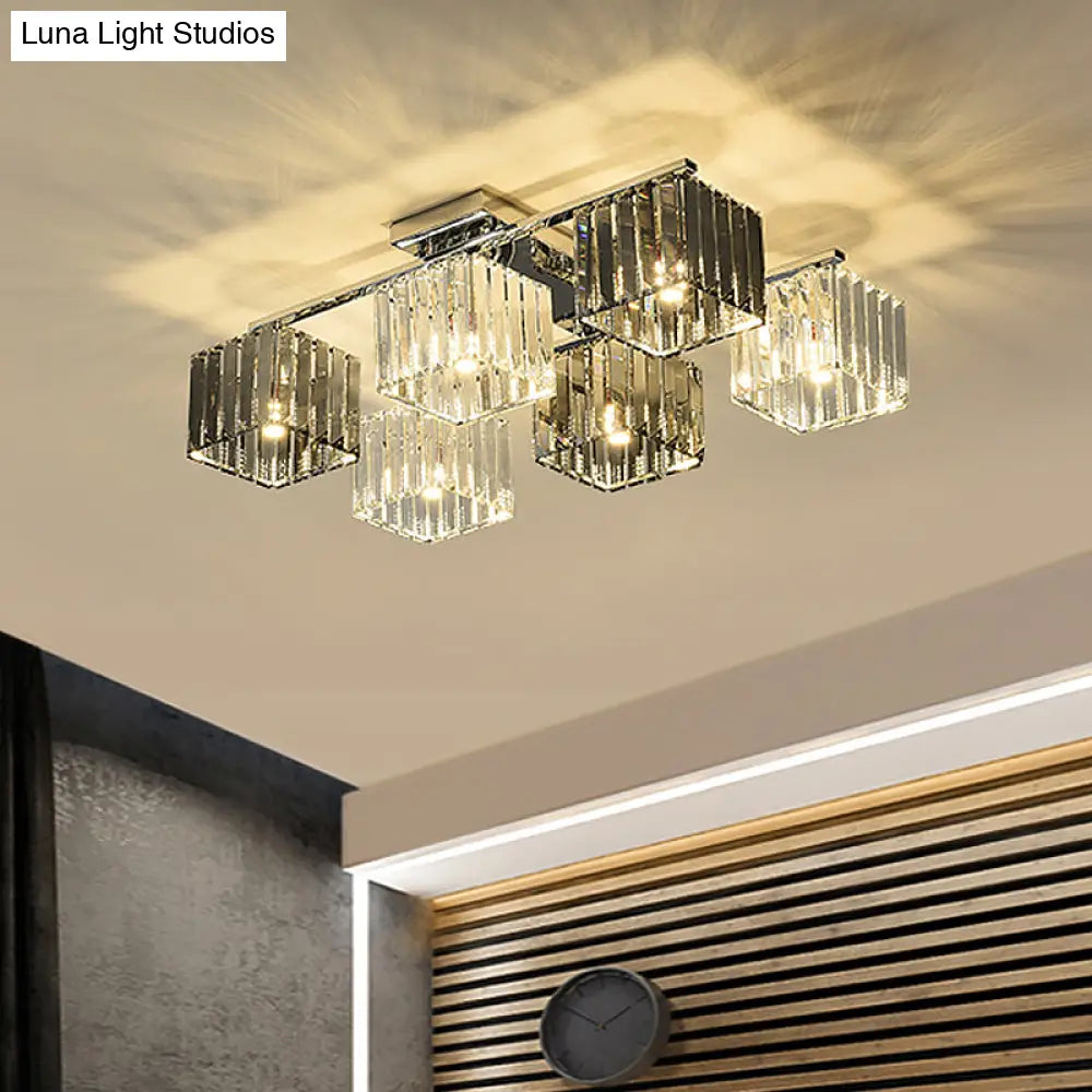 Modern Crystal Cube Flush Ceiling Lamp | Polished Chrome 4/6/9 Lights