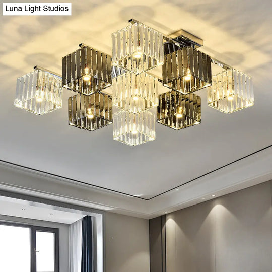 Modern Crystal Cube Flush Ceiling Lamp | Polished Chrome 4/6/9 Lights 9 /
