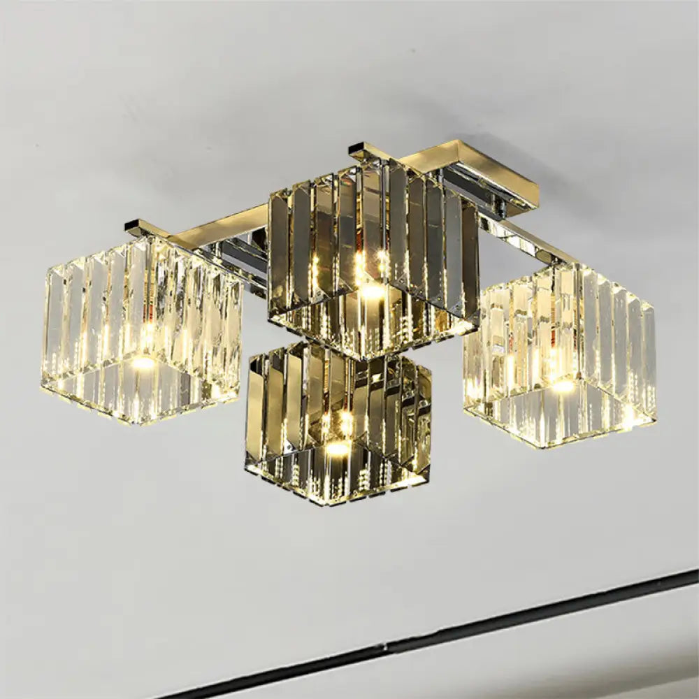Modern Crystal Cube Flush Ceiling Lamp | Polished Chrome 4/6/9 Lights 4 /
