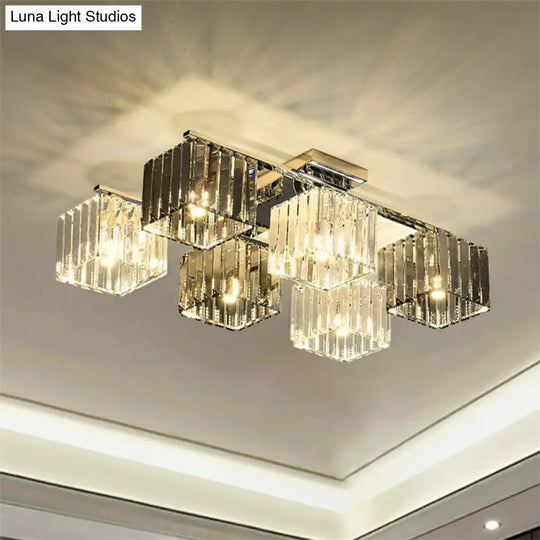 Modern Crystal Cube Flush Ceiling Lamp | Polished Chrome 4/6/9 Lights 6 /