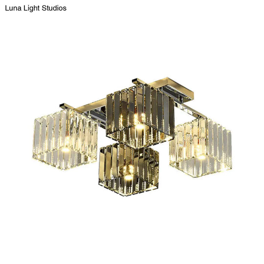Modern Crystal Cube Flush Ceiling Lamp | Polished Chrome 4/6/9 Lights