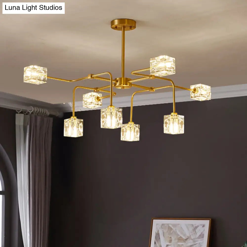 Modern Crystal Cube Gold Chandelier Lamp - 8 Bulb Suspension Pendant