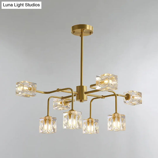 Modern Crystal Cube Gold Chandelier Lamp - 8 Bulb Suspension Pendant