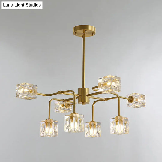 Modern Crystal Cube Gold Chandelier Lamp - 8 Bulb Suspension Pendant