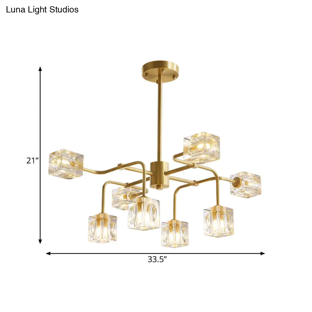 Modern Crystal Cube Gold Chandelier Lamp - 8 Bulb Suspension Pendant