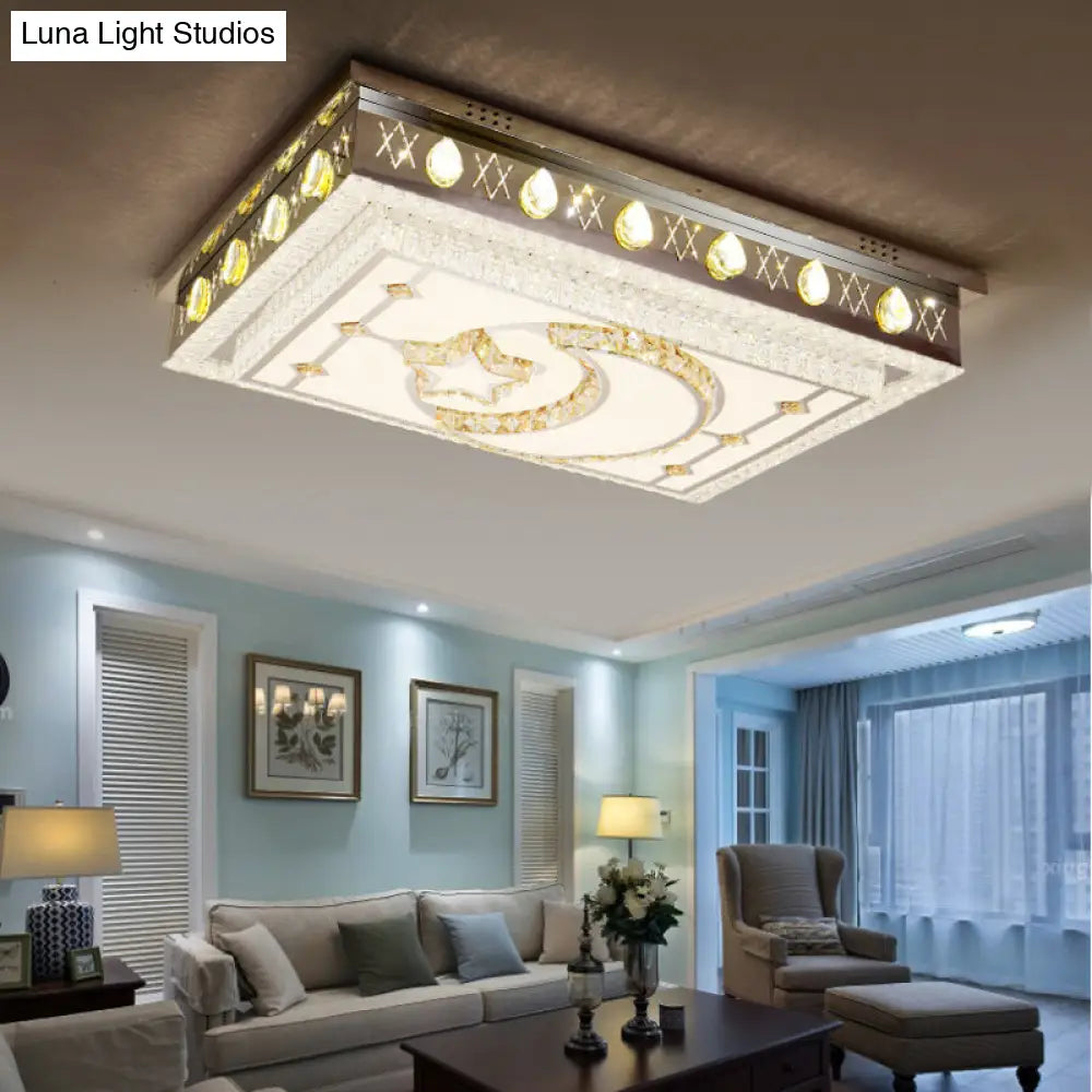Modern Crystal Cuboid Led Ceiling Light With Star And Crescent Pattern - Chrome Flush Mount Fixture