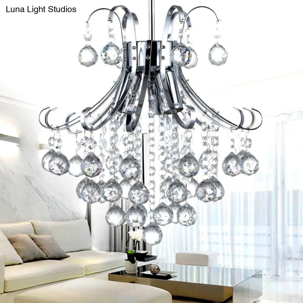 Modern Curvy Arm Chrome Chandelier Light With Crystal Accents - 3-Lights Ceiling Fixture For Dining