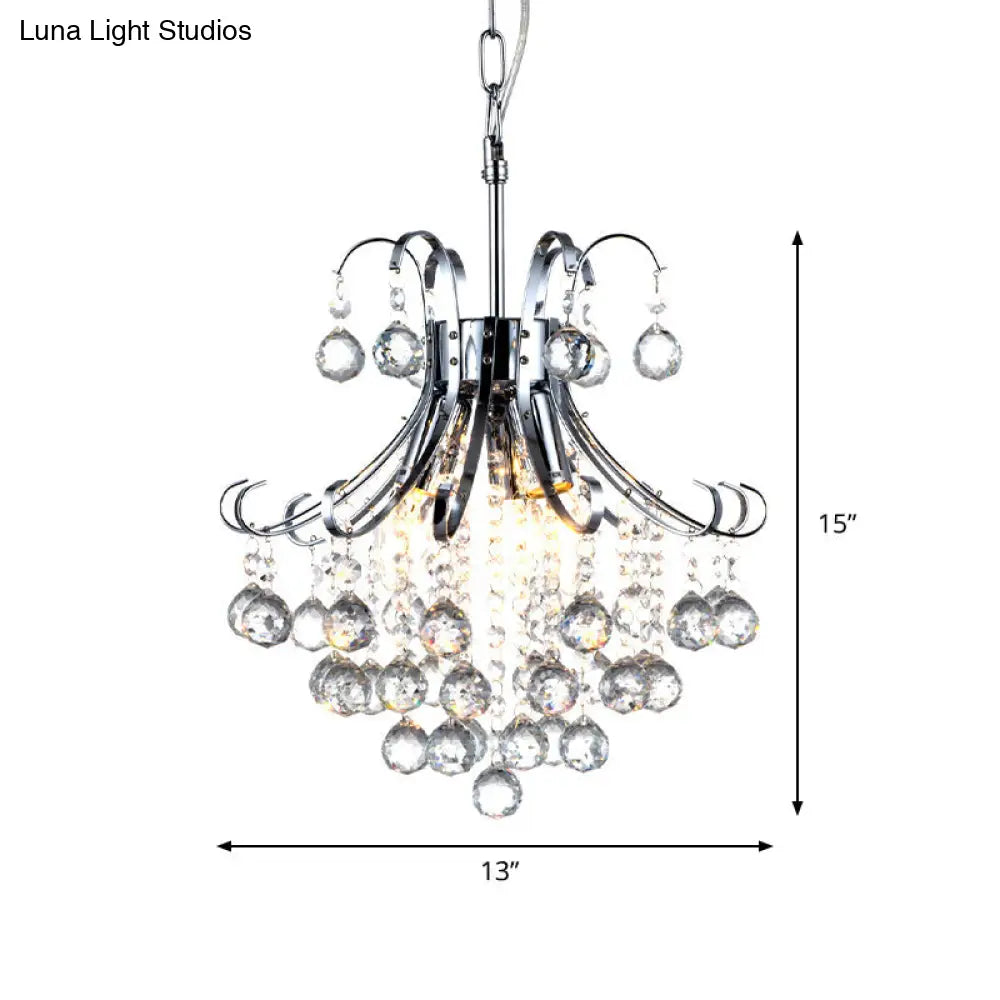 Modern Curvy Arm Chrome Chandelier Light With Crystal Accents - 3-Lights Ceiling Fixture For Dining