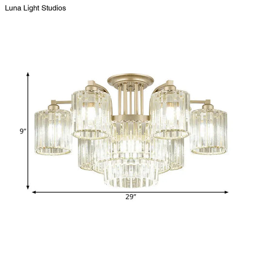 Modern Crystal Cylinder Ceiling Lamp - 3/9-Light Semi Flush Mount For Bedroom