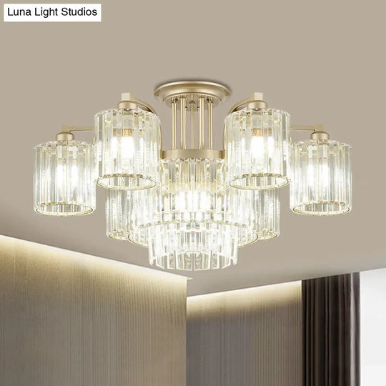 Modern Crystal Cylinder Ceiling Lamp - 3/9-Light Semi Flush Mount For Bedroom 9 / Clear