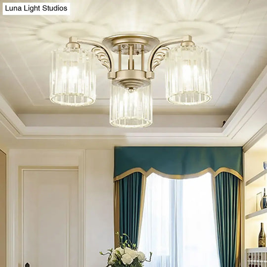 Modern Crystal Cylinder Ceiling Lamp - 3/9-Light Semi Flush Mount For Bedroom 3 / Clear