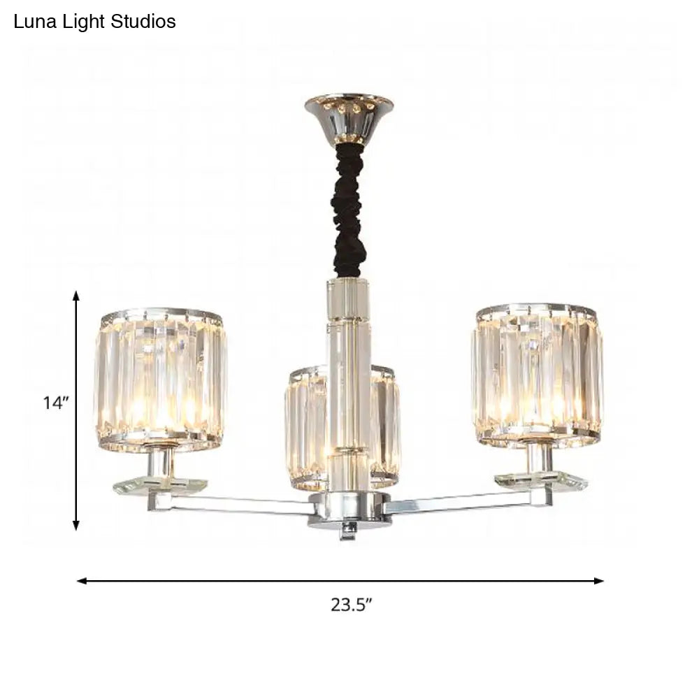 Modern Crystal Cylinder Chandelier Light - Chrome Finish 3/6 Lights Bedroom Hanging Fixture