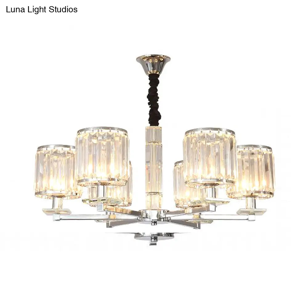 Modern Crystal Cylinder Chandelier Light - Chrome Finish 3/6 Lights Bedroom Hanging Fixture