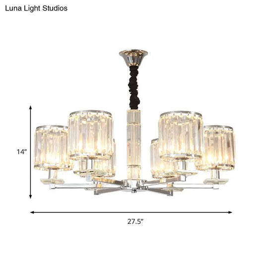 Modern Chrome Cylinder Chandelier With Crystal Accents - 3/6 Lights For Bedroom