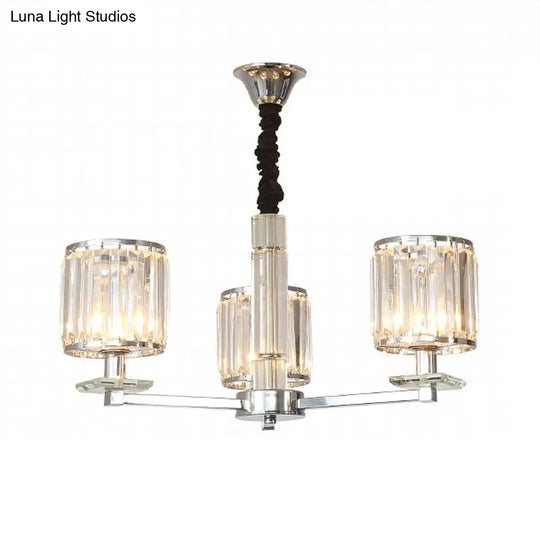 Modern Crystal Cylinder Chandelier Light - Chrome Finish 3/6 Lights Bedroom Hanging Fixture