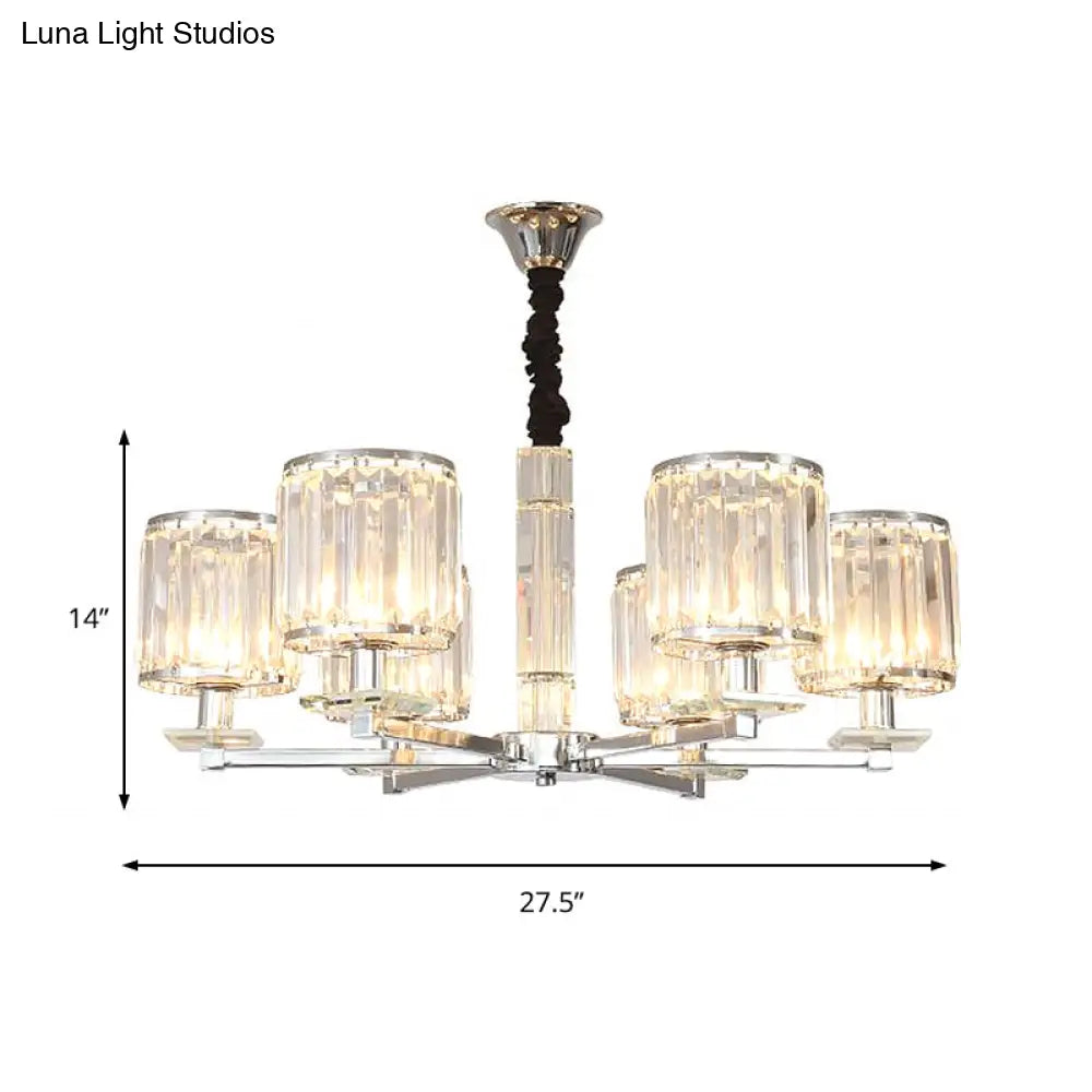 Modern Crystal Cylinder Chandelier Light - Chrome Finish 3/6 Lights Bedroom Hanging Fixture