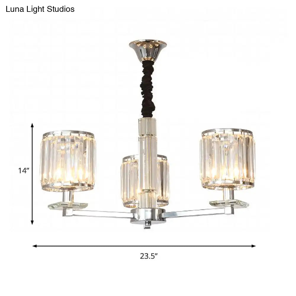 Modern Chrome Cylinder Chandelier With Crystal Accents - 3/6 Lights For Bedroom