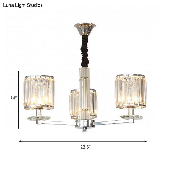 Modern Chrome Cylinder Chandelier With Crystal Accents - 3/6 Lights For Bedroom