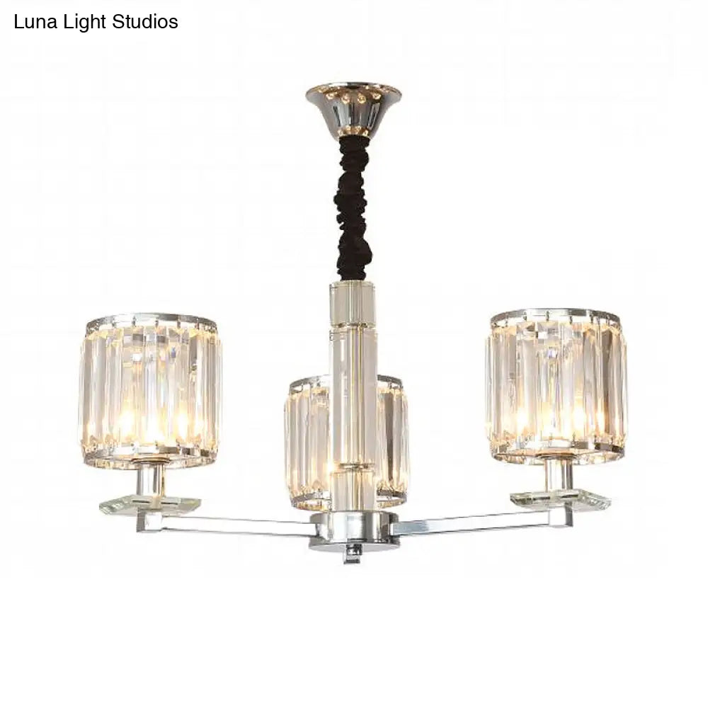 Modern Chrome Cylinder Chandelier With Crystal Accents - 3/6 Lights For Bedroom