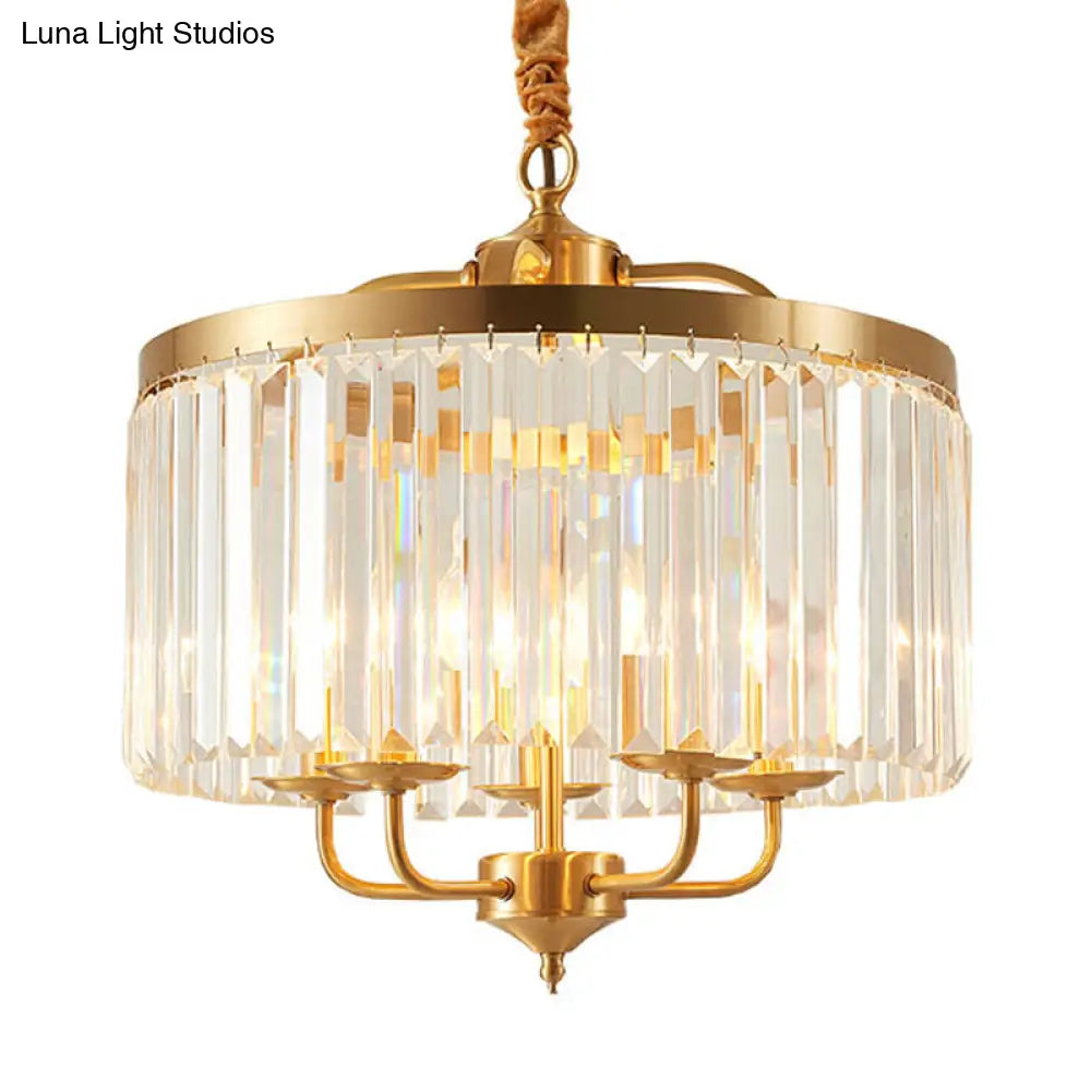 Modern Crystal Cylinder Chandelier Pendant Light - 4 Heads Brass Finish Curved Metal Arm