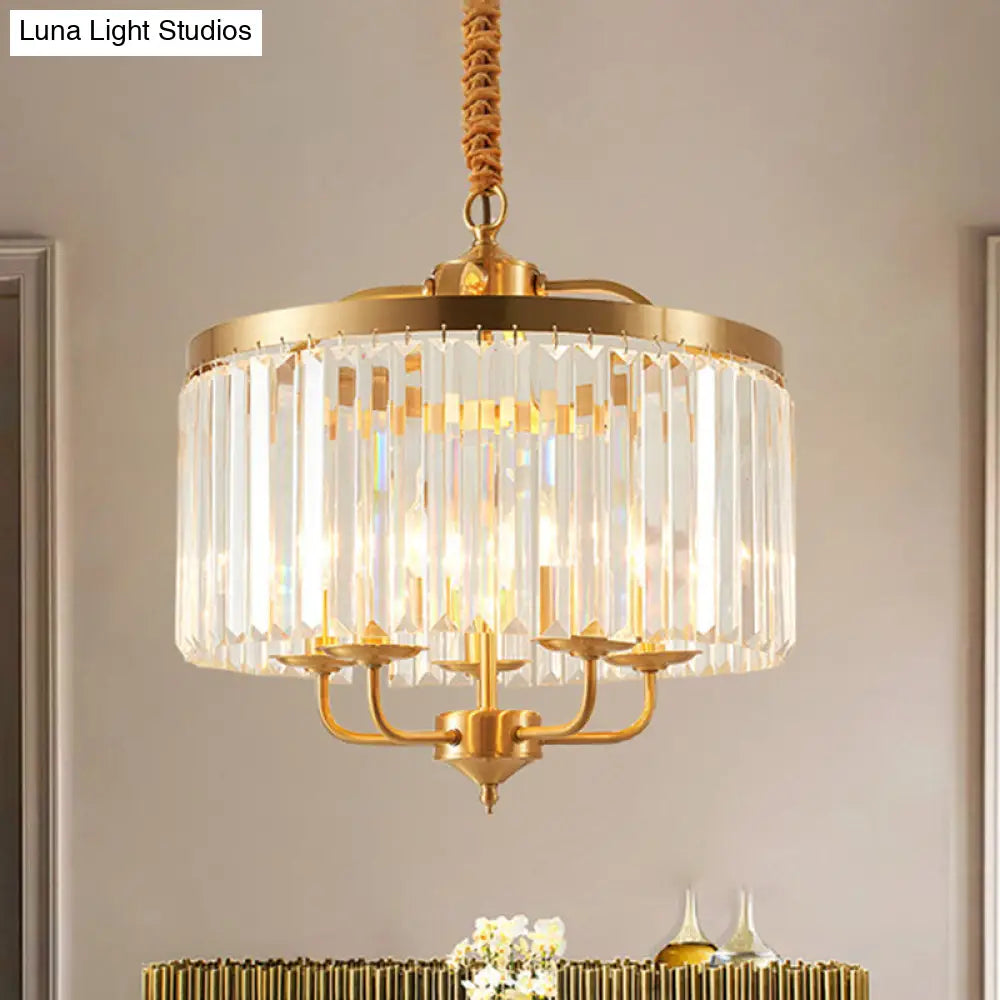 Modernist Brass Hanging Pendant Light With Curved Metal Arm - Crystal Cylinder Chandelier 4 Heads